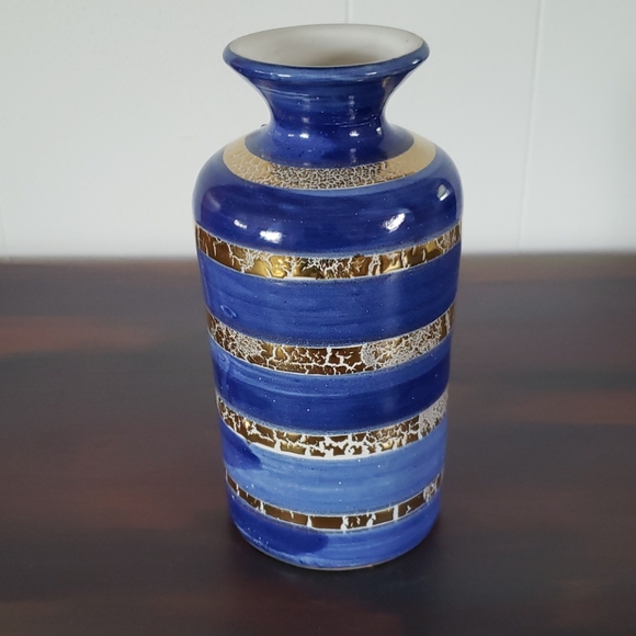 Vintage Other - Beautiful Hand-painted Vintage Blue Vase Gold Trim